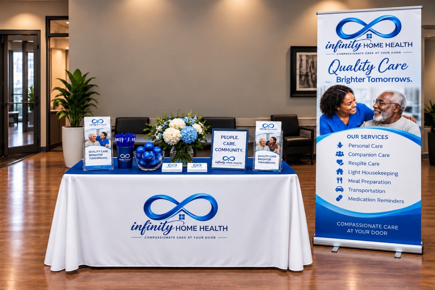 Infinity Home Health branded display welcoming families to non-medical home care